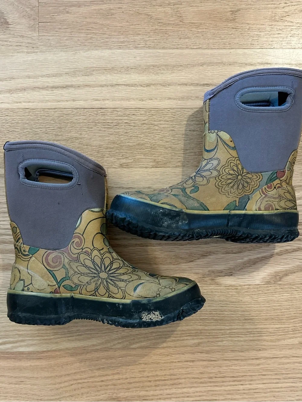 Bogs Kids Floral Pull-On Boots - Tan and Gray